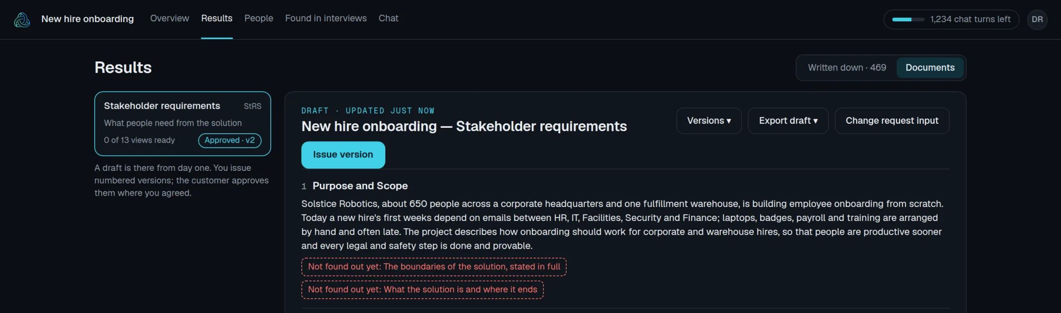 A draft stakeholder requirements document: the purpose and scope paragraph, then two dashed red markers reading “Not found out yet”, with buttons to issue a version, see versions and export the draft.